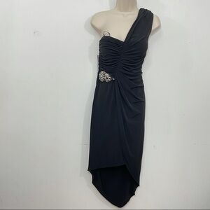 NWT David Meister ruched cocktail black dress sz 8 rhinestones one shoulder